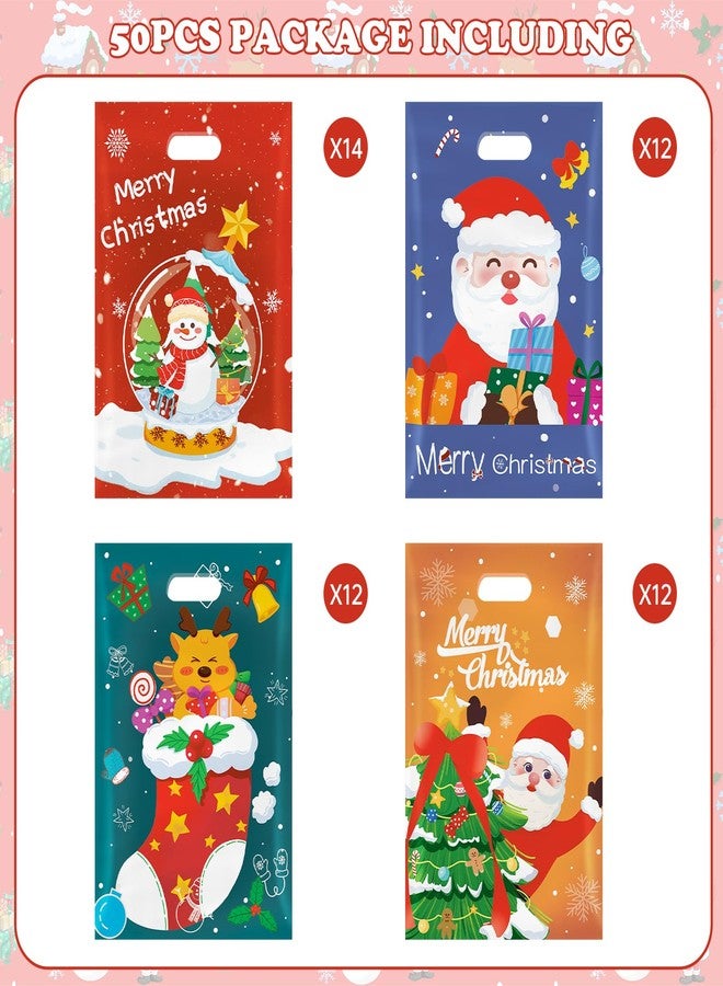 Litmitfu 50 Pcs Christmas Gift Bags with Handles, Plastic Merry Christmas Goodie Bags Bulk, Winter Candy Treat Tote Goody Cookie Party Favor Bag for Xmas Holiday Party Favors Supplies, 4 Styles - Image 4